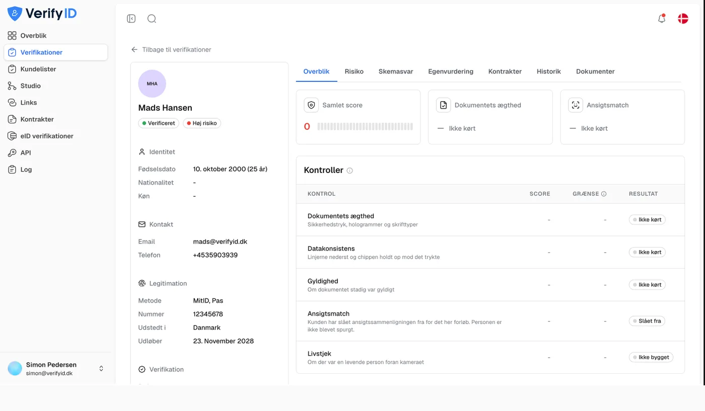 VerifyIDs KYC-modul med verificeret kunde og kontroller