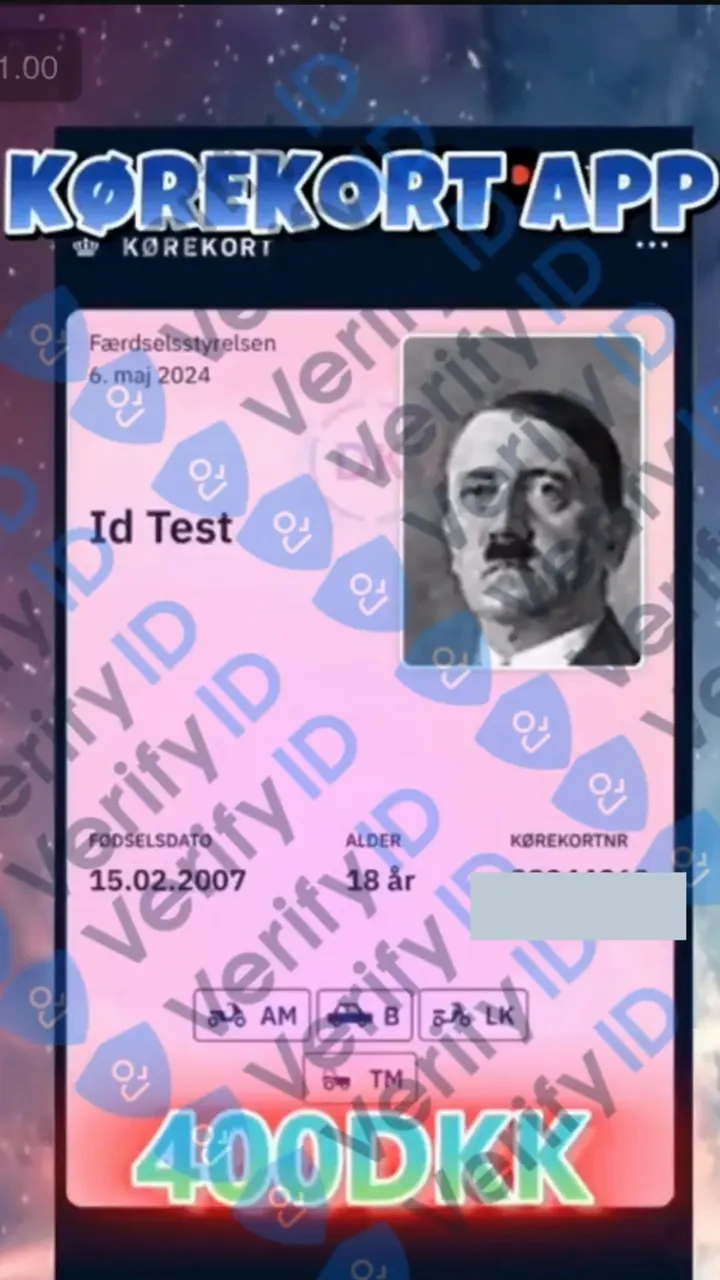 Salgsvideo for en falsk kørekort-app fra en Telegram-gruppe. Appen efterligner Digitaliseringsstyrelsens kørekort-app med foto, alder, kategorier og menu.